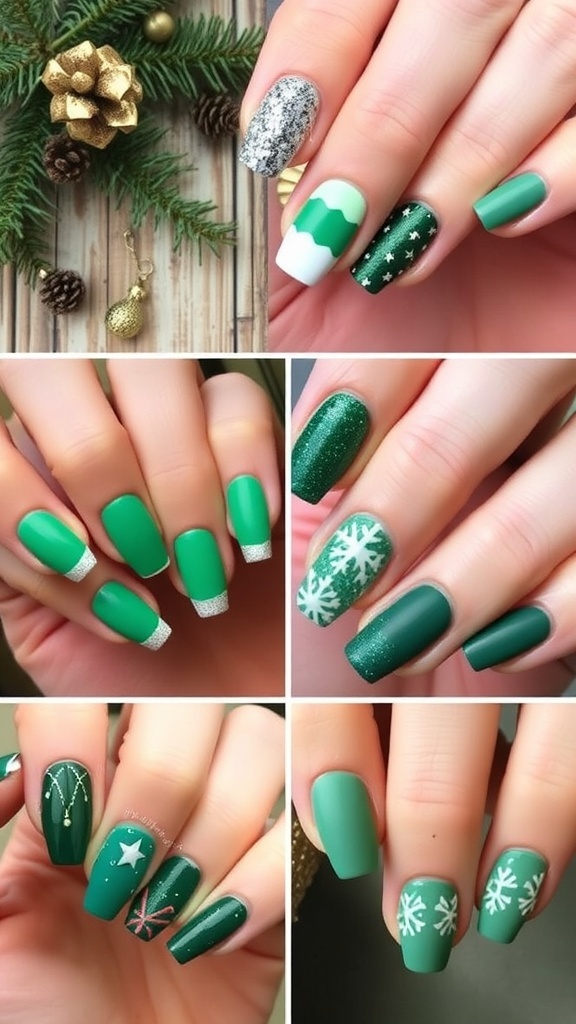 Festive Green Nail Design Ideas for Christmas Various green nail designs for Christmas, including glitter tips and holiday patterns, displayed with festive decorations.